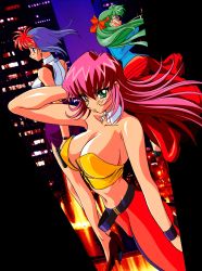 Rule 34 | 1990s (style), 3girls, armpits, artist request, belt, blue eyes, blue hair, bow, breasts, city, cleavage, crop top, dyed bangs, earrings, glasses, green eyes, green hair, gun, hair bow, highres, jewelry, kimura takahiro, large breasts, lilia milcrabe, long hair, midriff, miniskirt, multicolored hair, multiple girls, navel, night, official art, pink hair, ponytail, raika grace, red hair, retro artstyle, seela mcclegg, short hair, sideboob, skirt, strapless, tube top, two-tone hair, viper, viper f40, weapon, wind, wristband