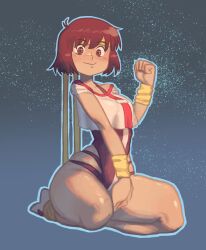 Rule 34 | 1girl, absurdres, breasts, brown eyes, brown hair, clenched hand, closed mouth, commentary, english commentary, full body, headband, highres, hip vent, karu 184, kneeling, leotard, looking at viewer, medium breasts, pink leotard, retro artstyle, short hair, smile, solo, takaya noriko, thick thighs, thighs, top wo nerae!, wristband, yellow headband