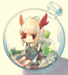 Rule 34 | 1girl, barefoot, black dress, blonde hair, blunt bangs, blush, bottle, buttons, chibi, closed mouth, commentary request, dirt, dress, full body, glass bottle, grey hair, hand up, horns, in bottle, in container, long hair, looking at viewer, low twintails, missing eye, mushroom, outstretched legs, red eyes, robot, robot (void terrarium), shadow, short dress, sidelocks, simple background, sitting, toriko (void terrarium), torn clothes, torn dress, totoppo, twintails, very long hair, void terrarium, white background