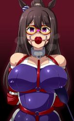 Rule 34 | 1girl, animal ears, arms behind back, bad id, bad pixiv id, ball gag, bare shoulders, bdsm, blindfold, bondage, bound, bound arms, breasts, breath, brown hair, collar, covered erect nipples, domino mask, el condor pasa (umamusume), empty eyes, gag, gagged, gradient background, harness, heart, high ponytail, horse ears, horse girl, large breasts, long hair, mask, nipple bar, nipple piercing, piercing, ponytail, purple eyes, rebake, red background, riding crop, solo, umamusume, wiffle gag