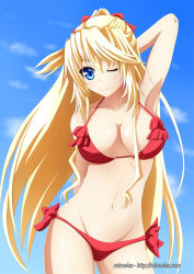 Rule 34 | 10s, 1girl, absolute duo, arm behind head, bikini, blonde hair, blue eyes, breasts, cleavage, highres, large breasts, lilith bristol, long hair, mimelex, navel, one eye closed, red bikini, smile, solo, standing, swimsuit