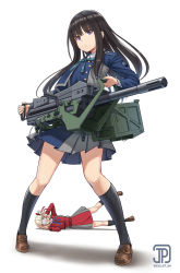 Rule 34 | 2girls, aqua ribbon, automatic grenade launcher, black hair, blue jacket, blue ribbon, brown footwear, dated, dress, female pervert, grenade launcher, highres, inoue takina, jacket, jpc, legs, loafers, long hair, looking at viewer, lycoris recoil, lying, mk 19 grenade launcher, multiple girls, nishikigi chisato, on side, pervert, red dress, red jacket, ribbon, school uniform, shirt, shoes, sidelocks, signature, simple background, view between legs, weapon, white background, white shirt