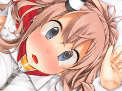 Rule 34 | 10s, 1girl, anchor, arms up, bed, blue eyes, blush, breasts, brown hair, buttons, crying, crying with eyes open, gloves, hair ornament, hat, heart, heart-shaped pupils, holding, holding another&#039;s wrist, kantai collection, long hair, looking at viewer, open mouth, saratoga (kancolle), serizawa mutsuki, smokestack, solo, solo focus, sweat, symbol-shaped pupils, tears, white gloves