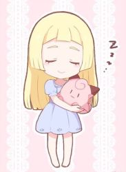 Rule 34 | 1girl, bad id, bad pixiv id, barefoot, blonde hair, blue dress, blush stickers, chibi, clefairy, closed mouth, creatures (company), doll, dress, closed eyes, female focus, full body, game freak, gen 1 pokemon, hair down, happy, jpeg artifacts, lillie (pokemon), long hair, mei (maysroom), nintendo, outline, pajamas, pigeon-toed, pink background, pokemon, pokemon (anime), pokemon (creature), pokemon sm (anime), short sleeves, sleeping, smile, solo, standing, stuffed animal, stuffed toy, two-tone background, white outline, zzz