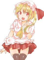 Rule 34 | 1girl, absurdres, adapted costume, ascot, asymmetrical hair, bad id, bad pixiv id, black thighhighs, blonde hair, blouse, flandre scarlet, hat, highres, looking at viewer, miniskirt, mob cap, no wings, panties, pantyshot, pleated skirt, pointing, pointing up, puffy short sleeves, puffy sleeves, red skirt, samayoi, shirt, short hair, short sleeves, side ponytail, skirt, smile, solo, thighhighs, touhou, underwear, upskirt, white shirt