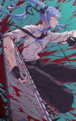 Rule 34 | 1girl, absurdres, black gloves, black necktie, black pants, blood, blood on face, blue background, blue hair, chainsaw, chainsaw man, collared shirt, earrings, gloves, highres, hololive, hoshimachi suisei, jewelry, long hair, looking away, necktie, pants, parted lips, partially fingerless gloves, shirt, side ponytail, sidelocks, solo, virtual youtuber, white shirt, yozora (1wkdgusdn)