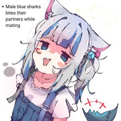 Rule 34 | +++, 1girl, animal ears, blue eyes, blue hair, blunt bangs, blush, buttons, cat ears, commentary, cube hair ornament, english commentary, english text, frilled sleeves, frills, gawr gura, gawr gura (casual), grey hair, hair ornament, highres, hololive, hololive english, kemonomimi mode, koyoinacho, looking at viewer, medium hair, multicolored hair, official alternate costume, one side up, open mouth, ringed eyes, shaded face, shark girl, shirt, short sleeves, sidelocks, simple background, smile, solo, streaked hair, suspenders, sweat, triangle mouth, upper body, virtual youtuber, white background, white shirt