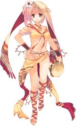 Rule 34 | 1girl, amazuyu tatsuki, aquaplus, bare shoulders, blush, conette st. honore, dancer, dungeon travelers 2, feet, flower, full body, hair flower, hair ornament, hand on own hip, highres, instrument, jewelry, looking at viewer, midriff, necklace, official art, pink hair, red eyes, showgirl skirt, smile, solo, standing, tambourine, toeless legwear, toes, transparent background