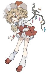 Rule 34 | 1girl, alternate hairstyle, ascot, crystal, curly hair, fang, flandre scarlet, flat chest, frilled shirt collar, frills, full body, hair between eyes, happy, hat, highres, inkopico, looking at viewer, medium hair, mob cap, open mouth, pointy ears, red eyes, red skirt, red vest, simple background, skin fang, skirt, solo, standing, tongue, touhou, vest, white background, wings, wrist cuffs, yellow ascot, ||/