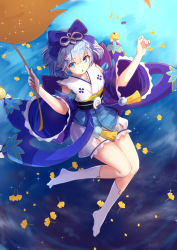 Rule 34 | 1girl, blue eyes, blue hair, blue ribbon, byakuya reki, commentary request, detached sleeves, frilled sleeves, frills, ginkgo tree, hair between eyes, hair ornament, hair ribbon, holding, holding leaf, japanese clothes, kneehighs, leaf, looking at viewer, matching hair/eyes, no shoes, onmyoji, open mouth, revision, ribbon, short hair, socks, solo, thighs, white socks, wide sleeves, ying grass