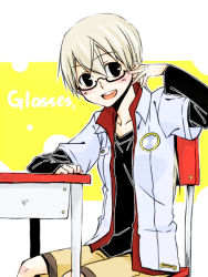 Rule 34 | 1girl, bespectacled, black eyes, blonde hair, blush, desk, eila ilmatar juutilainen, english text, female focus, glasses, itsu (artist), long hair, shorts, sitting, smile, solo, strike witches, world witches series