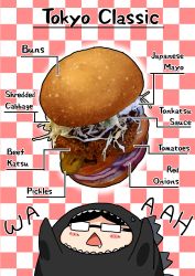 Rule 34 | 1boy, absurdres, beef, black hair, blush, bread, bread bun, burger, cabbage, commentary, cosplay, drooling, english commentary, english text, food, food focus, glasses, godzilla, godzilla (cosplay), highres, mayonnaise, meat, onion, original, pickle, realistic, saliva, sauce, simple background, solo, studiolg, tomato, vegetable