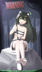 Rule 34 | 1girl, absurdres, animal ears, animal print, antenna hair, bare shoulders, black hair, blush, collarbone, commentary request, forest, full body, fur-trimmed skirt, fur trim, green eyes, green hair, hair between eyes, han (hehuihuihui), highres, holding, holding sign, leaning to the side, long hair, looking at viewer, multicolored hair, nature, no shoes, open mouth, original, outdoors, print skirt, rock, sign, sitting, skirt, soles, solo, streaked hair, thighhighs, tiger print, v-shaped eyebrows, very long hair, white thighhighs