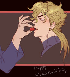 Rule 34 | 1boy, blonde hair, candy, chocolate, chocolate heart, dio brando, disembodied hand, feeding, food, happy valentine, heart, jojo no kimyou na bouken, less end, male focus, open mouth, red eyes, solo focus, stardust crusaders, valentine