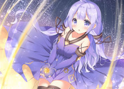 Rule 34 | 1girl, :o, ahoge, azur lane, bare shoulders, black ribbon, blush, brown thighhighs, collarbone, commentary request, cosplay, detached sleeves, dress, fingerless gloves, gloves, hair ribbon, halterneck, long hair, long sleeves, parted lips, purple dress, purple eyes, purple gloves, purple hair, purple sleeves, ribbon, satsuki yukimi, solo, thighhighs, unicorn (azur lane), unicorn (little star songstress) (azur lane), very long hair, vocaloid, xingchen, xingchen (cosplay)