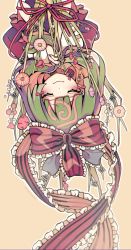 Rule 34 | 1girl, closed eyes, closed mouth, flower, frilled ribbon, frills, front ponytail, green hair, hair ribbon, heart, highres, kagiyama hina, kyouda suzuka, long hair, nail polish, outline, own hands together, pink flower, red nails, red ribbon, ribbon, short sleeves, simple background, smile, solo, striped ribbon, touhou, upper body, upside-down, white outline, yellow background