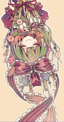 1girl closed_eyes closed_mouth flower frilled_ribbon frills front_ponytail green_hair hair_ribbon heart highres kagiyama_hina kyouda_suzuka long_hair nail_polish outline own_hands_together pink_flower red_nails red_ribbon ribbon short_sleeves simple_background smile solo striped_ribbon touhou upper_body upside-down white_outline yellow_background