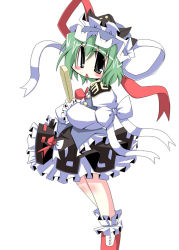 Rule 34 | 1girl, :&lt;, black eyes, blush, bow, female focus, green eyes, hat, muuba, open mouth, ribbon, rod of remorse, shiki eiki, shoes, simple background, skirt, solo, touhou, triangle mouth