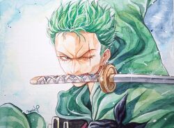 Rule 34 | 1boy, bandana around arm, commentary request, eyelashes, glint, green kimono, hair up, japanese clothes, karin park, kimono, korean commentary, male focus, one eye closed, one piece, painting (medium), roronoa zoro, scar, scar across eye, short hair, signature, simple background, solo, sword, traditional media, watercolor (medium), weapon, weapon in mouth