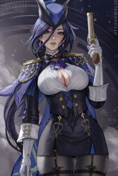 Rule 34 | 1girl, black skirt, blue hair, blue hat, breasts, cape, cleavage, clorinde (genshin impact), closed mouth, commentary, corset, earrings, english commentary, epaulettes, garter straps, genshin impact, gloves, gun, hair between eyes, handgun, hat, hat feather, highres, holding, holding gun, holding weapon, jewelry, large breasts, long hair, looking at viewer, miniskirt, pantyhose, partially unbuttoned, popped button, purple eyes, sciamano240, skirt, solo, tricorne, vision (genshin impact), weapon, white gloves