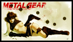 Rule 34 | 1girl, boots, breasts, clothes lift, dog tags, elbow gloves, flipped hair, gloves, gun, handgun, large breasts, meryl silverburgh, metal gear (series), metal gear solid, nipples, no bra, pistol, red hair, shirt lift, solo, weapon