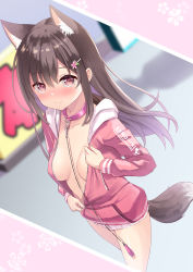 Rule 34 | 1girl, animal ear fluff, animal ears, bare legs, blush, breasts, brown hair, cherry blossoms, closed mouth, clothes writing, collar, collarbone, dog ears, dog tail, drawstring, duplicate, dutch angle, flower, from above, hair between eyes, hair flower, hair ornament, hairclip, highres, hood, hood down, hoodie, indoors, jacket, leash, long hair, looking at viewer, looking up, naked jacket, no bra, open clothes, open jacket, original, pink eyes, pink hoodie, pink leash, pixel-perfect duplicate, sidelocks, small breasts, smile, solo, tail, tenjou ryuka, undressing