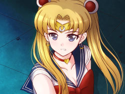 Rule 34 | 1girl, bishoujo senshi sailor moon, blonde hair, blue eyes, blue sailor collar, bow, bowtie, breasts, choker, circlet, cleavage, clenched teeth, collarbone, crescent, crescent earrings, derivative work, earrings, hair bun, hair tubes, heart, heart choker, jewelry, long hair, meme, red bow, red bowtie, red choker, sailor collar, sailor moon, sailor moon redraw challenge (meme), sailor senshi uniform, sailor shirt, sawwei005, shirt, single hair bun, sleeveless, sleeveless shirt, small breasts, solo, sweatdrop, teeth, tsukino usagi, twintails, upper body, very long hair, white shirt