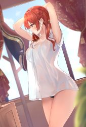 Rule 34 | 1girl, absurdres, arms behind head, arms up, black panties, blurry, collarbone, curtains, depth of field, covered erect nipples, hair ribbon, highres, hololive, houshou marine, indoors, looking away, mouth hold, no pants, panties, red curtains, red eyes, red hair, ribbon, ribbon removed, shiina aoi, shirt, solo, t-shirt, thighs, twintails, underwear, virtual youtuber, white shirt
