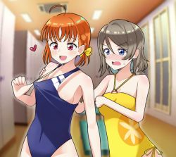 Rule 34 | 2girls, bow, competition swimsuit, dressing room, highres, love live!, love live! sunshine!!, multiple girls, one-piece swimsuit, swimsuit, takami chika, watanabe you, yellow bow, yellow one-piece swimsuit