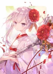 Rule 34 | 1girl, asymmetrical hair, commentary request, flower, folding fan, grey eyes, grey hair, hair flower, hair ornament, hand fan, holding, holding staff, japanese clothes, kimono, kouhaku nawa, leaf, light particles, long sleeves, looking at viewer, mizumizu (phoenix), obi, parted lips, petals, red flower, red rose, rope, rose, sash, shimenawa, sinoalice, snow white (sinoalice), solo, staff, tassel, upper body, white flower, white kimono, wide sleeves