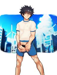 Rule 34 | 1boy, black hair, blue shorts, cityscape, erection, feet out of frame, highres, kamijou touma, looking at viewer, male focus, male pubic hair, penis, pubic hair, robokeh, shirt, short hair, shorts, solo, spiked hair, testicles, toaru majutsu no index, toned, toned male, uncensored, white shirt