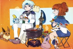 Rule 34 | 1boy, 1girl, :d, ankle boots, arle nadja, armor, blue footwear, blue hair, blue skirt, boots, brown hair, campfire, cape, closed mouth, creatures (company), ditto, eating, eevee, folding stool, game freak, gen 1 pokemon, gen 6 pokemon, gen 8 pokemon, headband, holding, holding plate, honedge, idkuroi, ladle, long sleeves, looking at another, madou monogatari, milcery, miniskirt, nintendo, open mouth, pants, parted lips, pauldrons, plate, pointy footwear, pokemon, pokemon (creature), ponytail, pot, puyopuyo, schezo wegey, scorbunny, shoulder armor, sitting, skirt, smile, sobble, steam, sweatdrop, white pants