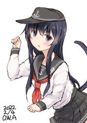 Rule 34 | 1girl, akatsuki (kancolle), anchor symbol, black hair, black hat, black sailor collar, black skirt, cat tail, dated, flat cap, hat, highres, kantai collection, leaning forward, long hair, neckerchief, one-hour drawing challenge, owa (ishtail), pleated skirt, purple eyes, red neckerchief, sailor collar, school uniform, serafuku, simple background, skirt, solo, tail, white background