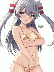 Rule 34 | 1girl, alternate costume, amatsukaze (kancolle), bikini, breasts, brown eyes, cowboy shot, dated, embarrassed, gold bikini, grey hair, hair tubes, highres, kantai collection, long hair, montemasa, navel, one-hour drawing challenge, simple background, small breasts, solo, swimsuit, twitter username, two side up, white background
