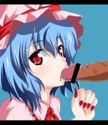 Rule 34 | 1girl, bad id, bad pixiv id, bdsm, biting, bleeding, blood, blue hair, cbt, censored, fang, fellatio, hat, ichinose yuu, injury, letterboxed, licking, nail polish, oral, pain, penis, penis biting, red nails, remilia scarlet, sex, short hair, solo focus, touhou