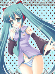 Rule 34 | 1girl, aqua eyes, aqua hair, bad id, bad pixiv id, bitter crown, blue striped panties, detached sleeves, hatsune miku, long hair, navel, necktie, no pants, open mouth, panties, solo, striped clothes, striped panties, thigh gap, twintails, underwear, very long hair, vocaloid