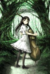 Rule 34 | 1girl, black hair, cello, child, dress, forest, instrument, long hair, looking back, nature, original, skirt, source request, thighhighs, violin, white dress, yoneda taishou