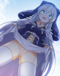 Rule 34 | 1girl, :d, a-plug, aqua eyes, blush, breasts, cleft of venus, clothes lift, cloud, cross-laced clothes, day, dress, dress lift, dutch angle, eris (konosuba), female focus, frills, from below, hair between eyes, highres, jewelry, jpeg artifacts, kono subarashii sekai ni shukufuku wo!, lifting own clothes, long hair, looking at viewer, looking down, necklace, no panties, open mouth, outdoors, pendant, pussy, shaded face, silver hair, sky, smile, solo, standing, thighhighs, uncensored, veil, white thighhighs
