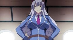 Rule 34 | 10s, 1girl, animated, animated gif, belt, bouncing breasts, breasts, closed eyes, collared shirt, frolaytia capistrano, hands on own hips, heavy object, jacket, large breasts, long hair, long sleeves, necktie, purple neckwear, shirt, silver hair, solo, talking, view between breasts, white shirt
