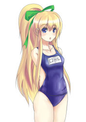 Rule 34 | 1girl, arms behind back, bad id, bad pixiv id, bare shoulders, blonde hair, blue eyes, blush, capcom, collarbone, hair ribbon, highres, hip focus, long hair, looking at viewer, mega man (classic), mega man (series), one-piece swimsuit, open mouth, ponytail, ribbon, roll (mega man), school swimsuit, simple background, solo, standing, swimsuit, ten (ten1143), very long hair, white background