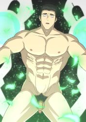Rule 34 | 1boy, abs, alternate pectoral size, ao isami, bara, black hair, completely nude, cowboy shot, feathers, flaccid, highres, large pectorals, male focus, male pubic hair, medium sideburns, muscular, muscular male, navel, nipples, nori uth, nude, pectorals, penis, pubic hair, science fiction, short hair, solo, sparkle background, stomach, surprised, thick eyebrows, thighs, veiny crotch, wide-eyed, yuuki bakuhatsu bang bravern