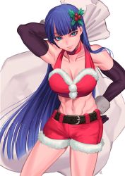 Rule 34 | 1girl, asakou (n morninglight), belt, blue eyes, breasts, cleavage, fate/grand order, fate (series), hair ornament, hand on own hip, highres, holly hair ornament, large breasts, long hair, looking at viewer, midriff, muscle, muscular, muscular female, purple hair, sack, martha (fate), shorts, smile, solo