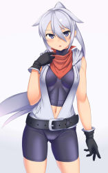 Rule 34 | 1girl, arm at side, bad id, bad pixiv id, belt, bike shorts, black gloves, blue background, blue eyes, blush, breasts, commentary, cowboy shot, gloves, gradient background, hair flaps, halterneck, hand on own chest, hood, hoodie, long hair, looking at viewer, myouan, navel, original, parted lips, partially unzipped, pink background, ponytail, purple background, scarf, shirakami itsuki, sleeveless, sleeveless hoodie, small breasts, solo, very long hair, white hair