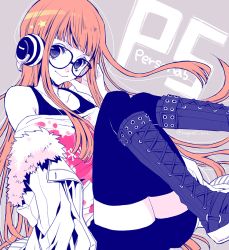 Rule 34 | 10s, 1girl, black eyes, boots, copyright name, cross-laced footwear, fur-trimmed jacket, fur trim, glasses, headphones, jacket, knee boots, lace-up boots, long hair, looking at viewer, orange hair, persona, persona 5, pollyanna-eri, sakura futaba, smile, solo, thighhighs