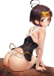 Rule 34 | 10s, 1girl, ahoge, arm support, artist name, ass, bandages, blush, bob cut, brown hair, butt crack, criss-cross halter, forehead protector, from behind, fundoshi, halterneck, halterneck, highres, japanese clothes, koutetsujou no kabaneri, leaning forward, looking at viewer, mumei (kabaneri), red eyes, simple background, sitting, solo, white background, yd (orange maru)