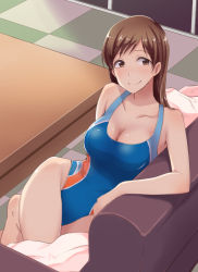 Rule 34 | 10s, 1girl, blush, breasts, brown eyes, brown hair, cleavage, competition swimsuit, couch, female focus, idolmaster, idolmaster cinderella girls, idolmaster cinderella girls starlight stage, large breasts, long hair, looking at viewer, nei (etc), nitta minami, one-piece swimsuit, smile, solo, swimsuit