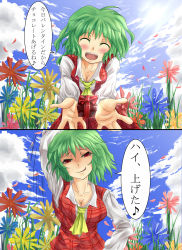 Rule 34 | 1girl, :d, ^ ^, ascot, blush, breasts, cleavage, closed eyes, cloud, comic, day, closed eyes, female focus, field, flower, flower field, gift, green hair, highres, incoming gift, kazami yuuka, kinntarou, large breasts, open mouth, plaid, plaid skirt, plaid vest, pun, red eyes, short hair, skirt, skirt set, sky, smile, smirk, solo, sun, touhou, translated, troll face, valentine, vest