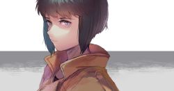 Rule 34 | 1girl, bad id, bad pixiv id, brown coat, closed mouth, coat, commentary request, ghost in the shell, grey background, katsuoboshi, kusanagi motoko, light smile, looking at viewer, purple eyes, purple hair, short hair, solo, two-tone background, upper body, white background