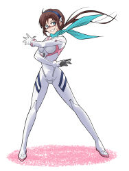 Rule 34 | 1girl, blue eyes, blue scarf, bodysuit, breasts, brown hair, commentary request, evangelion: 3.0+1.0 thrice upon a time, full body, glasses, grin, hairband, highres, interface headset, long hair, looking at viewer, makinami mari illustrious, medium breasts, multicolored bodysuit, multicolored clothes, neon genesis evangelion, pilot suit, plugsuit, rebuild of evangelion, red-framed eyewear, sashimi (sasihmi), scarf, simple background, smile, solo, twintails, white bodysuit