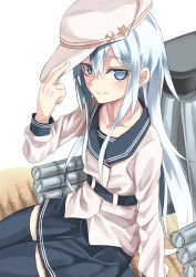 Rule 34 | 10s, 1girl, adjusting clothes, adjusting headwear, bad id, bad pixiv id, black thighhighs, blue eyes, blush, hammer and sickle, hat, hat tip, hibiki (kancolle), highres, kantai collection, long hair, personification, roten (rotenburo), school uniform, silver hair, sitting, skirt, smile, solo, star (symbol), thighhighs, torpedo, verniy (kancolle)